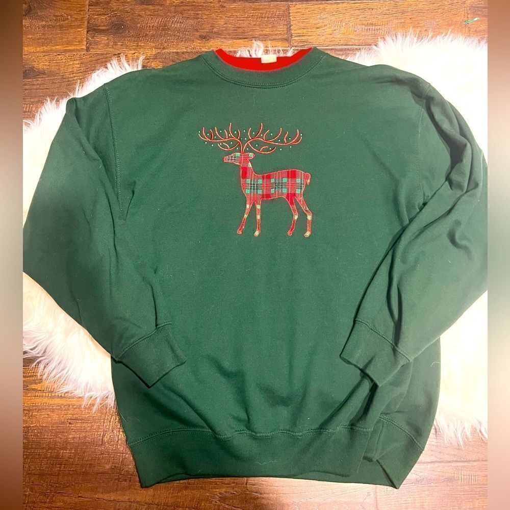 Vintage M&C SPORTSWEAR Christmas Applique Plaid Reindeer Ugly Crew Sweatshirt M